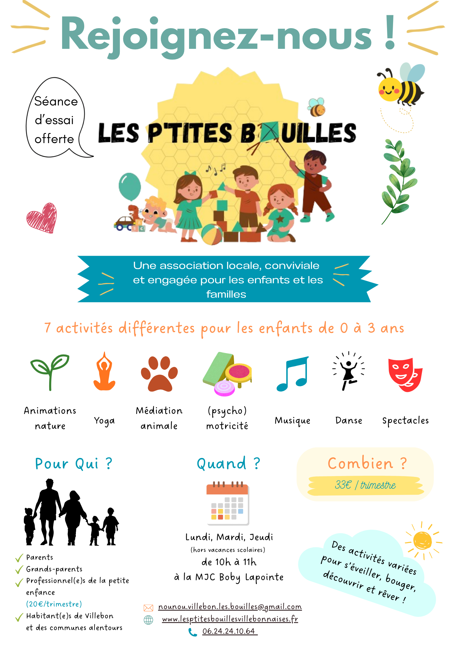 Flyer de présentation des activités des P'tites Bouilles Villebonnaises